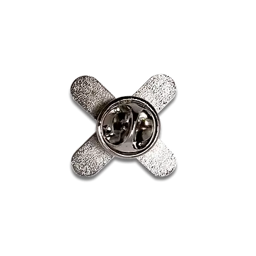 Close-up image of a custom metal pin backing, showcasing high-quality promotional product craftsmanship for corporate swag and branded merchandise.