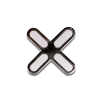 Black and white custom enamel lapel pin in an "X" shape, ideal for branded corporate swag, promotional products, and event giveaway items.