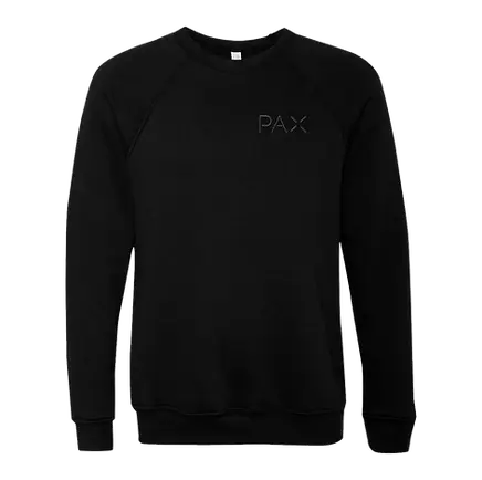Black custom embroidered crewneck sweatshirt with "PAX" branding, ideal corporate swag for employee gifts, promotional apparel, and company swag stores.