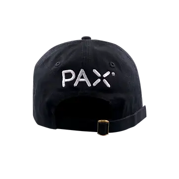 Black custom embroidered baseball cap with adjustable strap, branded with "PAX" logo, ideal promotional product for corporate swag and event giveaways.
