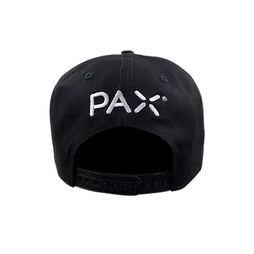 Black custom embroidered snapback hat with PAX logo, example of high-quality promotional products and corporate swag from a leading San Francisco swag company.