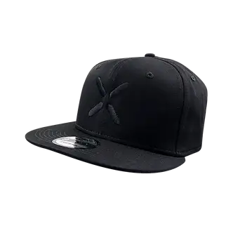 Black custom embroidered snapback hat with branded logo, premium corporate swag item for employee gifts and promotional giveaways.