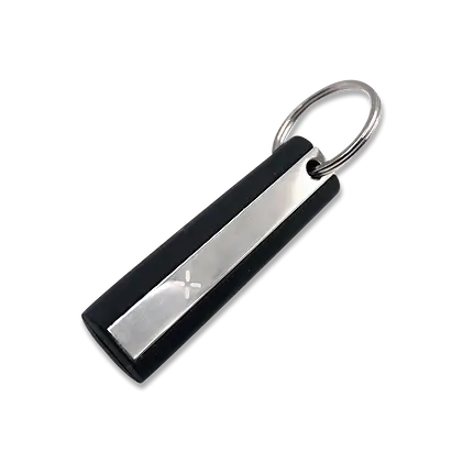 Black and silver custom promotional keychain with metal accent, ideal corporate swag giveaway item for events and employee gifts.