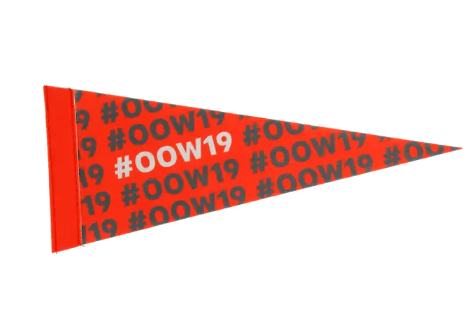 Red custom promotional pennant flag printed with #OOW19, ideal giveaway item for corporate events, trade shows, and branded swag collections.