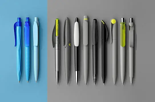 Custom promotional pens in blue and gray with yellow accents, ideal giveaway items for events and corporate swag from a top promotional products company in San Francisco.
