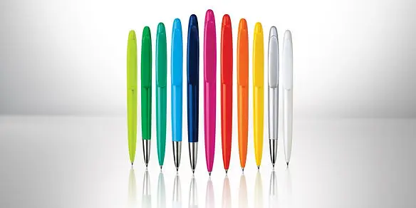 Colorful custom promotional pens in assorted vibrant colors, ideal giveaway items for events, corporate swag, and branded merchandise from a top San Francisco swag company.