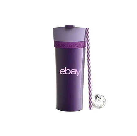 Purple custom branded reusable tumbler with eBay logo, eco-friendly promotional drinkware ideal for corporate swag, giveaways for events, and sustainable trade show giveaways.