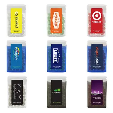 Custom promotional mint tins with branded labels for corporate swag, giveaway items for events, and employee gifts by a top swag company in San Francisco.