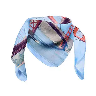 Custom promotional scarf featuring San Francisco Golden Gate Bridge design, perfect for corporate swag, branded merchandise, and sustainable giveaway items for events.