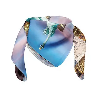 Custom printed promotional scarf with vibrant cityscape design, perfect for corporate swag, branded merchandise, and sustainable giveaway items for events.