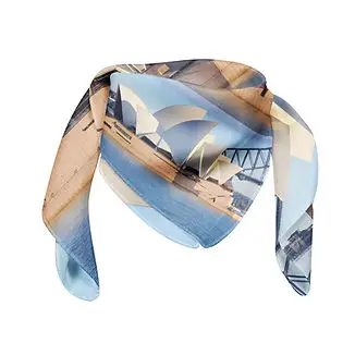 Silk scarf featuring custom printed Sydney Opera House and Harbour Bridge design, ideal promotional product for corporate gifts and branded swag.