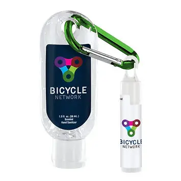Custom branded hand sanitizer and lip balm with green carabiner, perfect promotional giveaway items for corporate events and sustainable swag ideas.