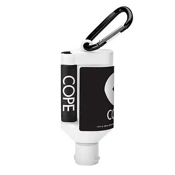 Custom branded hand sanitizer bottle with carabiner clip, ideal promotional giveaway item for corporate events, trade shows, and employee swag boxes.