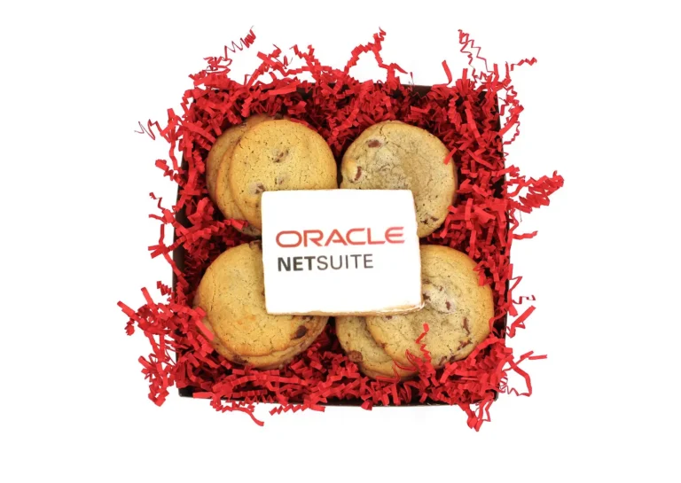 Custom corporate gift box with branded Oracle NetSuite cookie and chocolate chip cookies, ideal for employee recognition and promotional giveaways.