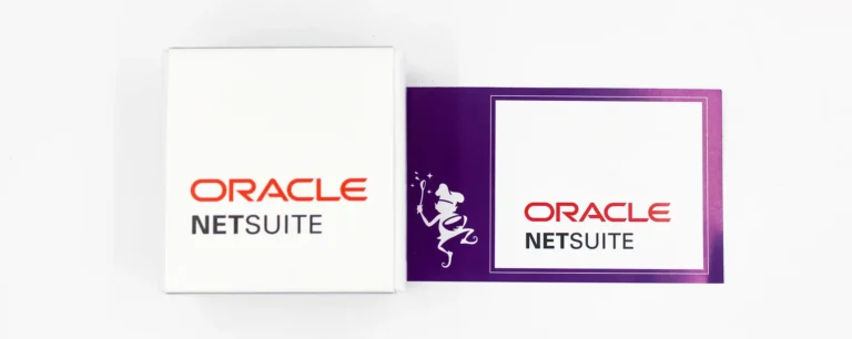 Custom branded Oracle NetSuite promotional box and matching purple card, showcasing premium corporate swag packaging for employee gifts and event giveaways.