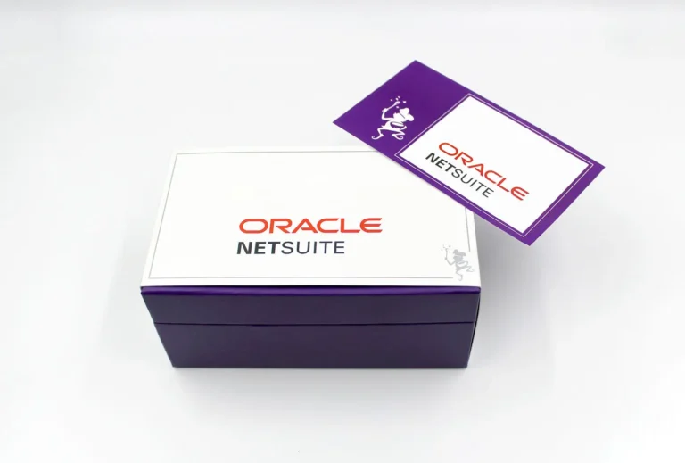 Custom branded Oracle NetSuite corporate gift box and matching promotional card, showcasing premium packaging for employee swag and corporate gifting solutions.