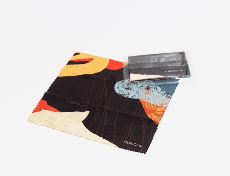 Custom branded Oracle microfiber cleaning cloth with vibrant design, ideal promotional giveaway item for corporate events and trade shows.