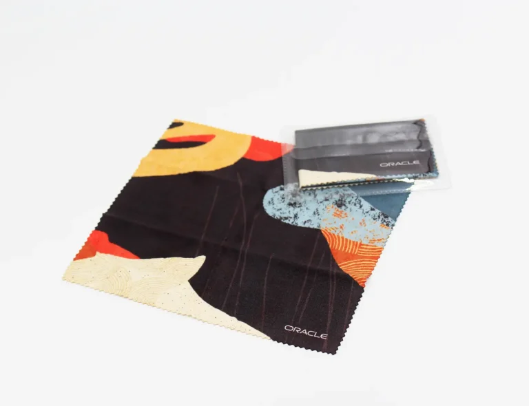 Custom branded Oracle microfiber cleaning cloth with vibrant abstract design, ideal promotional product and giveaway item for corporate events and trade shows.