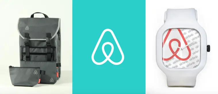 Custom branded Airbnb promotional backpack, pouch, and white watch featuring logo, showcasing high-quality corporate swag and personalized promotional products for events and employee gifts.