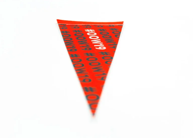 Red custom promotional pennant flag with repeated "#OOW19" branding, ideal for event swag, giveaways for conferences, and trade show promotional products.