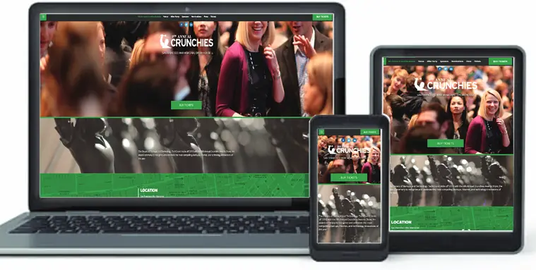 Responsive event website displayed on laptop, tablet, and smartphone showcasing corporate swag and promotional products for conferences and trade shows.