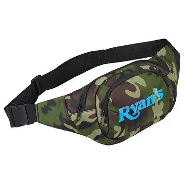 Camouflage custom branded fanny pack with personalized blue "Ryan's" logo, ideal promotional swag item for corporate events and giveaways.