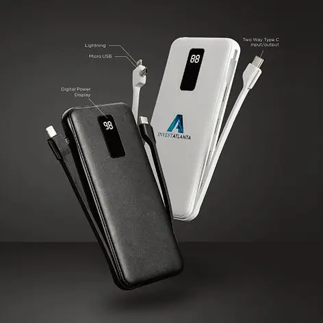 Custom branded digital power bank with Lightning, Micro USB, and Type-C cables, featuring digital power display, ideal as promotional giveaway for corporate events and employee gifts.