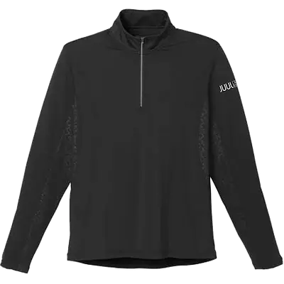 Black custom quarter-zip pullover with subtle branded sleeve print, ideal corporate swag apparel for employee gifts and company promotional merchandise.
