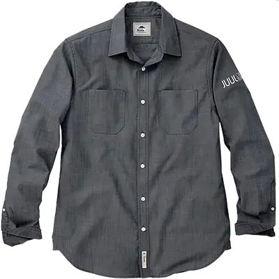 Custom branded dark gray long-sleeve corporate shirt with embroidered logo, ideal for company swag, employee gifts, and promotional apparel.