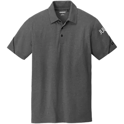 Gray custom branded OGIO polo shirt with embroidered sleeve logo, ideal corporate swag and promotional apparel for employee gifts and company events.
