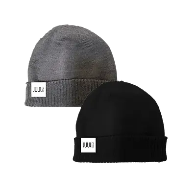Two custom branded JUUL beanies in gray and black, showcasing high-quality promotional apparel ideal for corporate swag, employee gifts, and event giveaways.