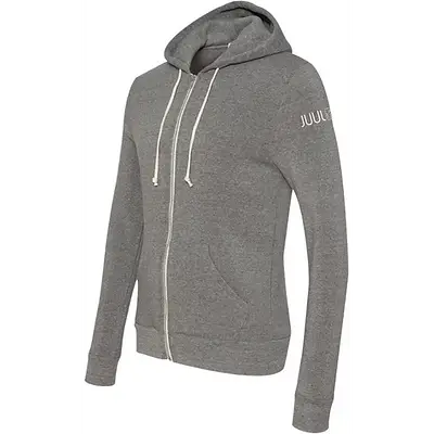 Gray custom zip-up hoodie with white drawstrings and subtle sleeve branding, ideal for corporate swag, employee gifts, and promotional apparel from a top San Francisco swag company.