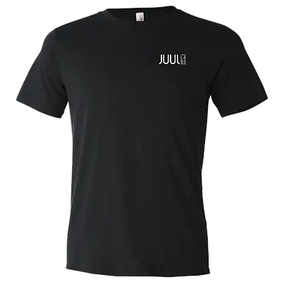 Black custom branded JUUL Labs t-shirt showcasing high-quality screen-printed corporate swag, ideal for company apparel, employee gifts, and promotional products in San Francisco.