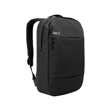 Black custom branded PAX backpack, durable promotional product ideal for corporate swag, employee gifts, and sustainable giveaway items for events.