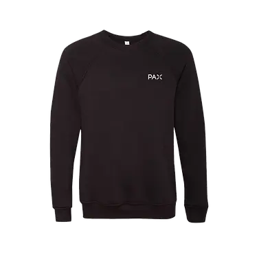 Black custom printed crewneck sweatshirt with small "PAX" logo, ideal corporate swag for employee gifts, branded apparel, and promotional merchandise.