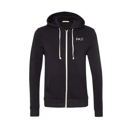 Black custom zip-up hoodie with white PAX logo, personalized corporate apparel ideal for employee swag, promotional products, and branded company merchandise.