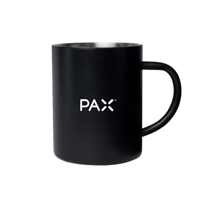 Black matte ceramic mug with custom white PAX logo, ideal promotional product for corporate gifts, branded swag, and employee recognition.