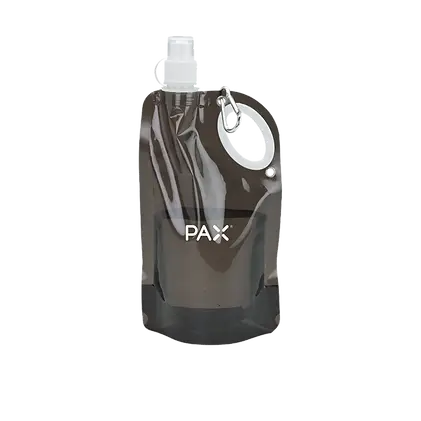 Black collapsible promotional water bottle with custom PAX logo and carabiner clip, ideal for eco-friendly swag and corporate event giveaways.
