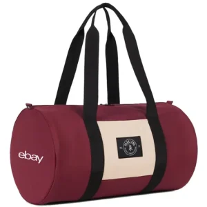 Maroon custom promotional duffel bag with black straps and beige accent, branded with eBay logo, ideal for corporate swag, event giveaways, and sustainable branded merchandise.