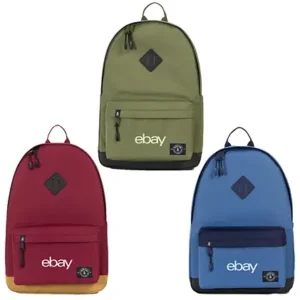 Custom branded eBay backpacks in green, red, and blue, ideal promotional products for corporate swag, employee gifts, and event giveaways.