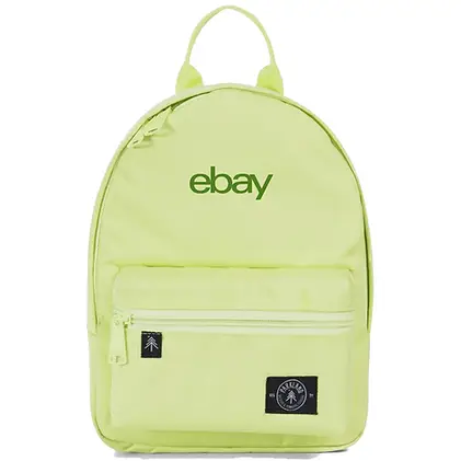 Custom branded eco-friendly lime green backpack with eBay logo, sustainable promotional product ideal for corporate swag, giveaways for events, and employee gifts.
