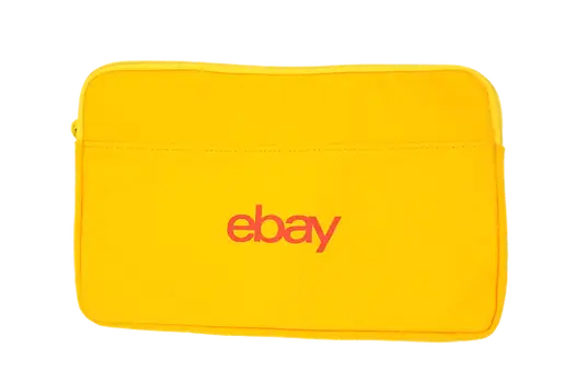 Yellow custom branded promotional pouch with red eBay logo, ideal corporate swag item for events, giveaways, and employee gifts.
