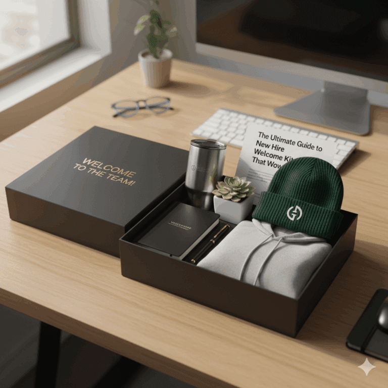 Corporate welcome kit with branded merchandise