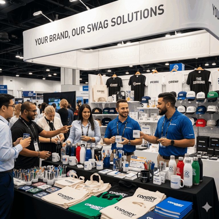 Trade show booth with custom branded merchandise