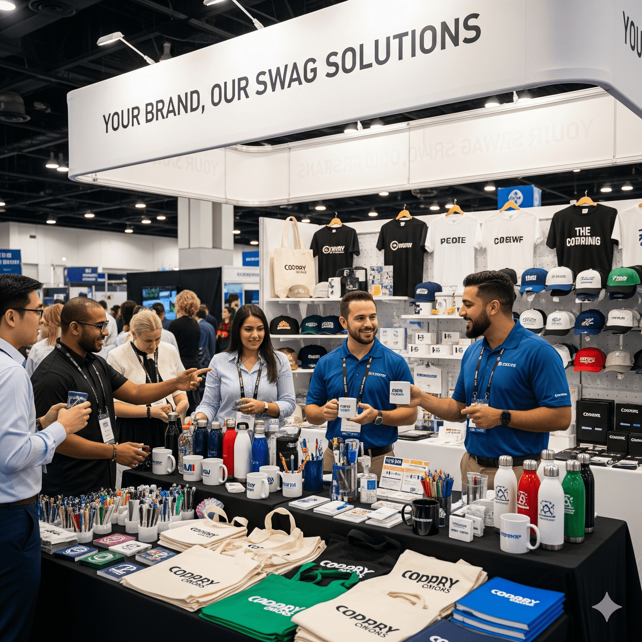 Trade show booth with custom branded merchandise