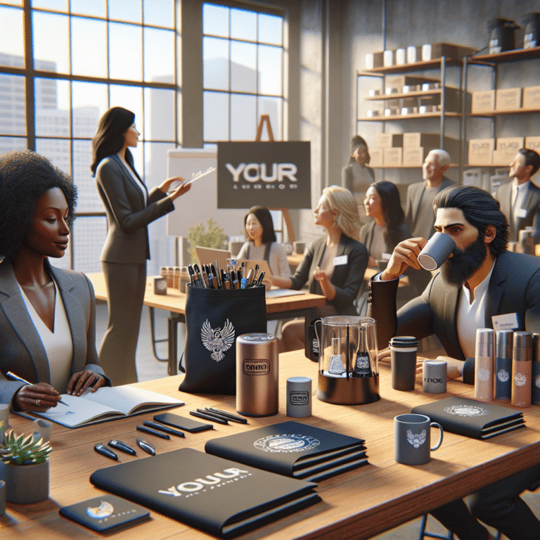 Team meeting with custom branded office supplies