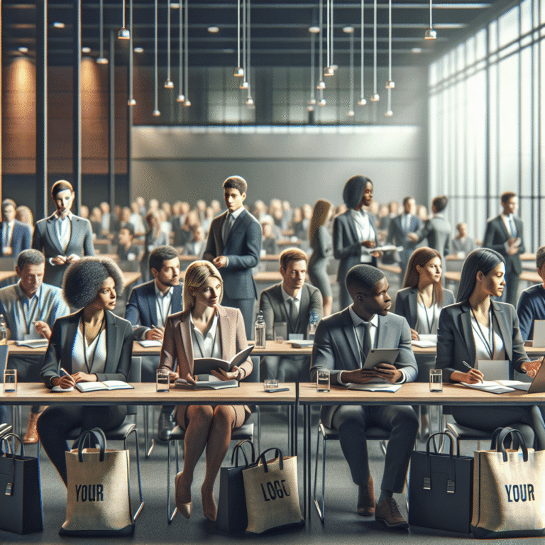 Conference attendees with custom branded tote bags