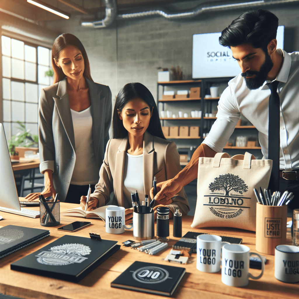 Design team reviewing custom branded merchandise options