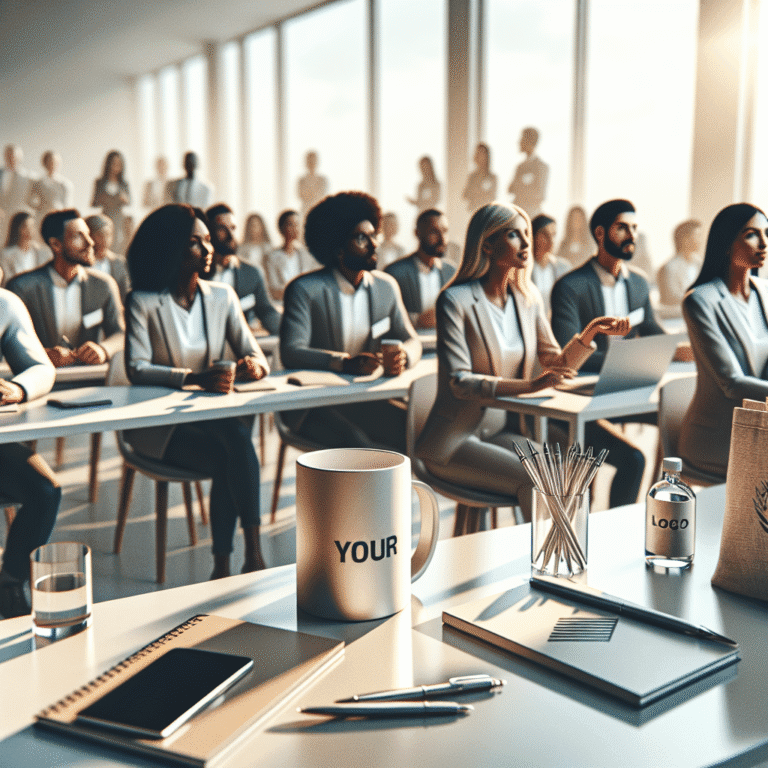 Conference attendees with branded notebooks and mugs
