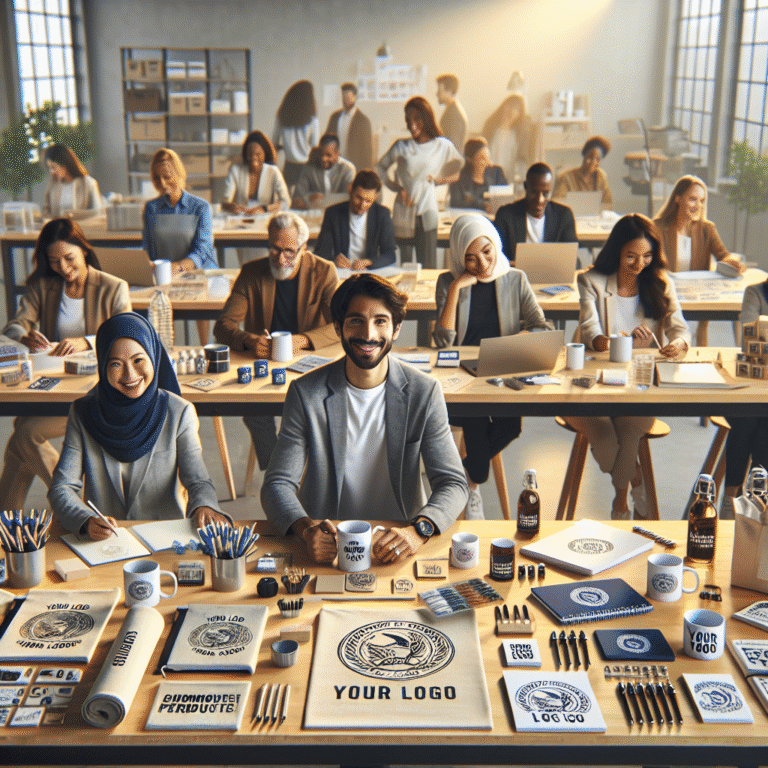 Diverse group with custom branded corporate swag